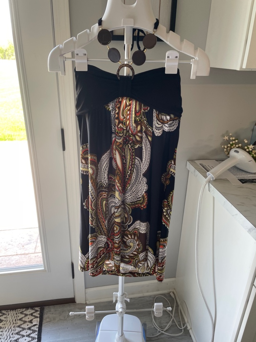 Iz Byer Black Paisley-Print Strapless Midi Dress with Multicolor Accents